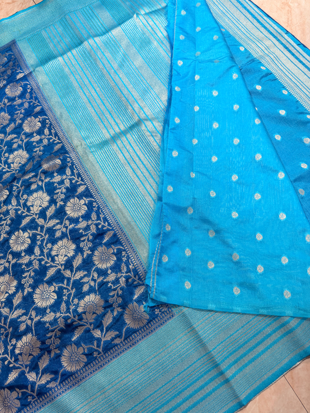 PAPER SILK WITH FLORAL JAAL DESIGN IN GERMAN BLUE COLOUR SHADE