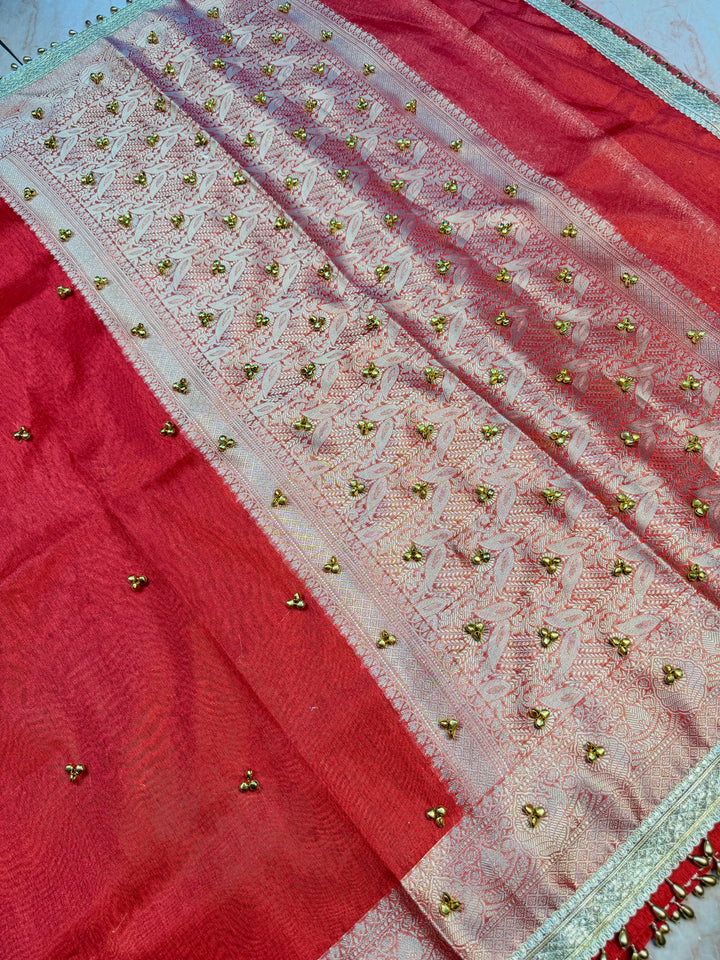 ZARDOSI GHUNGROO WORK SAREE IN CRYSTAL RED COLOUR SHADE