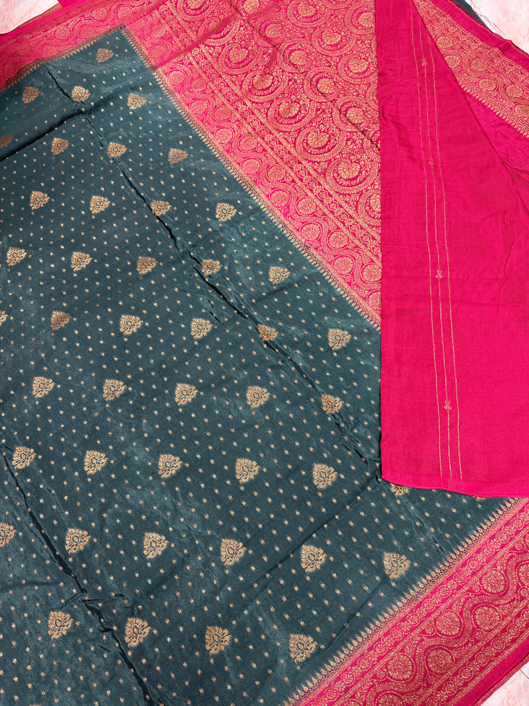 PREMIUM SEMI KHADDI VISCOSE GEORGETTE SAREE IN BOTTLE GREEN COLOUR SHADE WITH CHERRY  BORDER