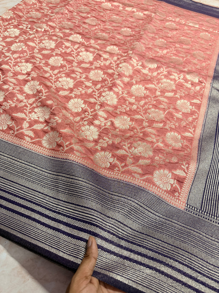 PAPER SILK WITH FLORAL JAAL DESIGN IN DUSTY CORAL COLOUR SHADE