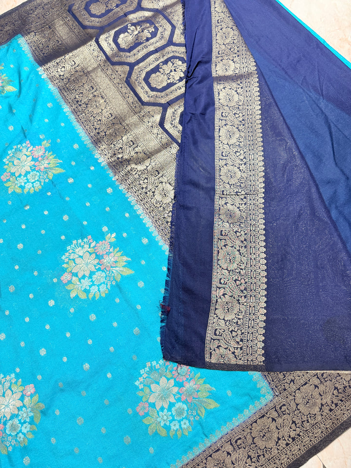 KHADDI GEORGETTE WITH PANCHRANG BOOTA IN PEACOCK COLOUR SHADE