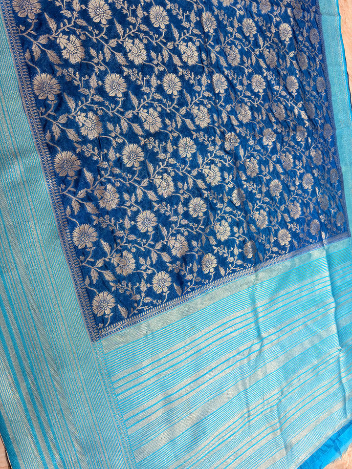 PAPER SILK WITH FLORAL JAAL DESIGN IN GERMAN BLUE COLOUR SHADE