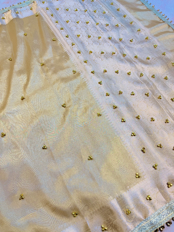 ZARDOSI GHUNGROO WORK SAREE IN CHAMPAGNE CREAM COLOUR SHADE