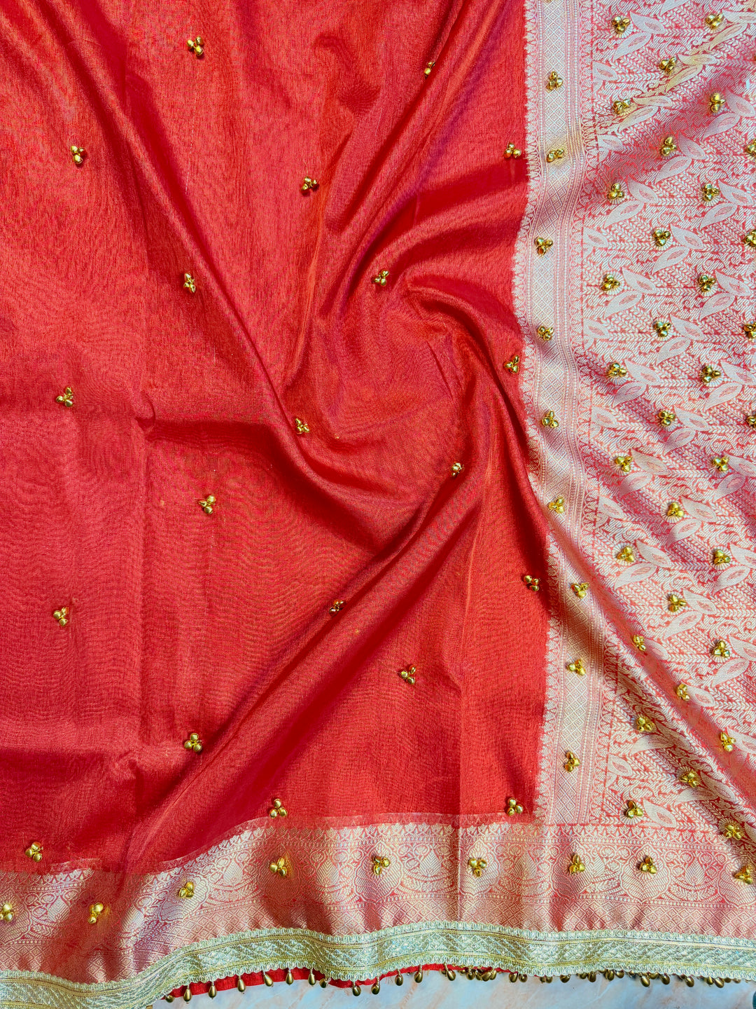 ZARDOSI GHUNGROO WORK SAREE IN CRYSTAL RED COLOUR SHADE