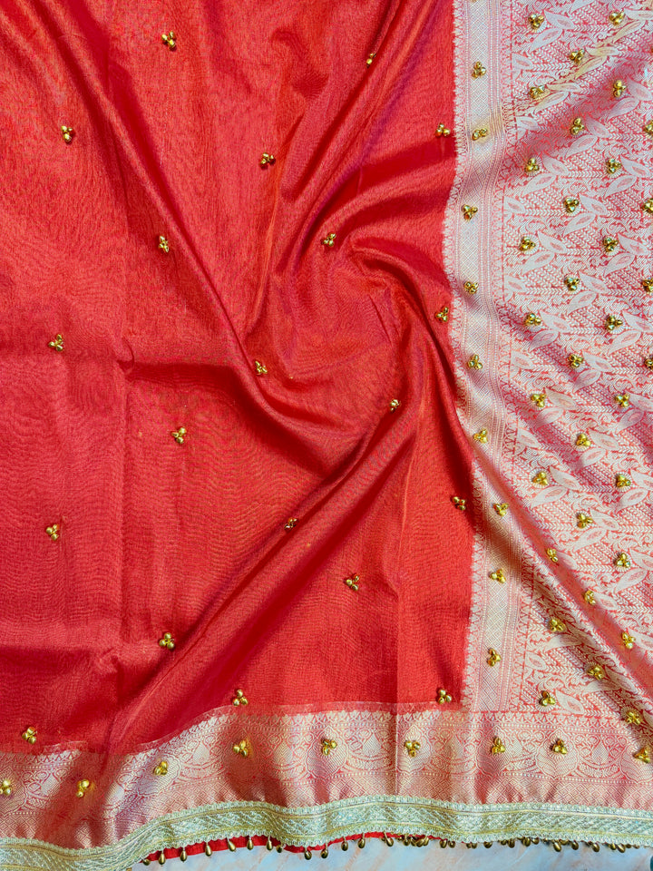 ZARDOSI GHUNGROO WORK SAREE IN CRYSTAL RED COLOUR SHADE