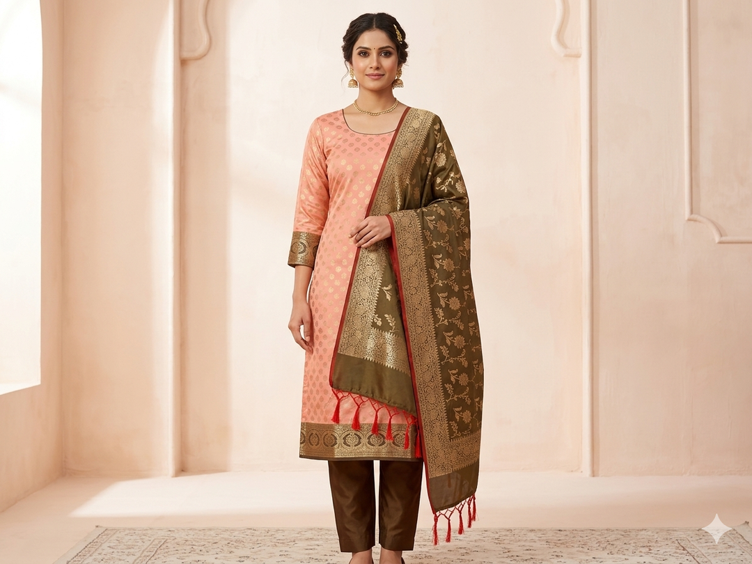 BANARASI SILK IN PEACH WITH BOTTLE GREEN SHALWAR AND DUPATTA