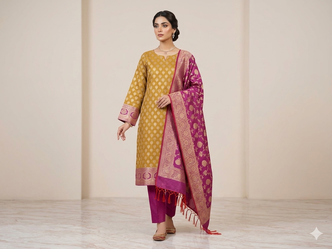 BANARASI SILK IN MUSTARD GOLD WITH RANI BOTTOM AND DUPATTA
