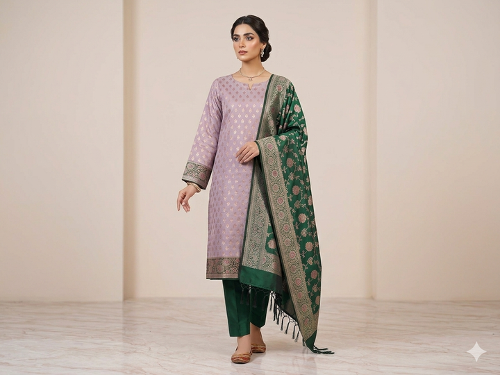 BANARASI SILK IN LAVENDER WITH BOTTLE GREEN DUPATTA AND BOTTOM WEAR
