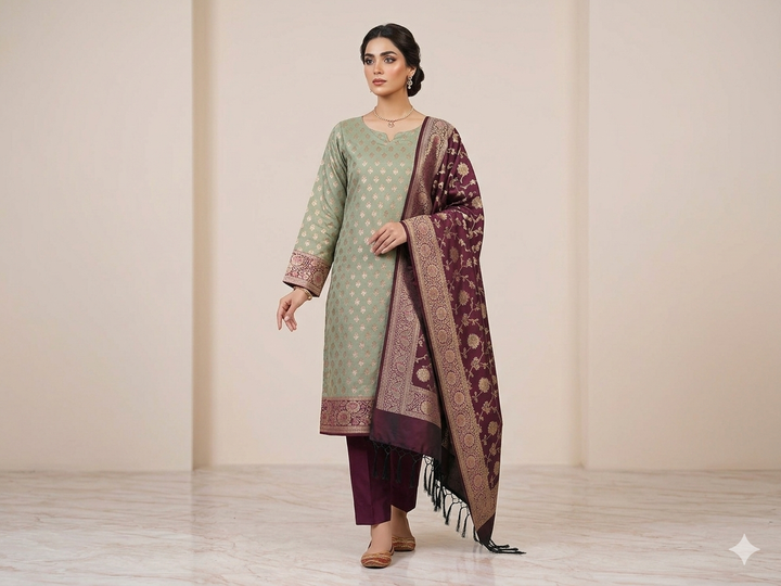 BANARASI SILK IN PISTA GREEN WITH VINE COLOUR DUPATTA AND BOTTOM WEAR