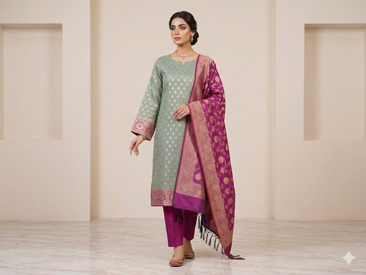 BANARASI SILK IN PISTA GREEN WITH MAGENTA DUPATTA AND BOTTOM WEAR