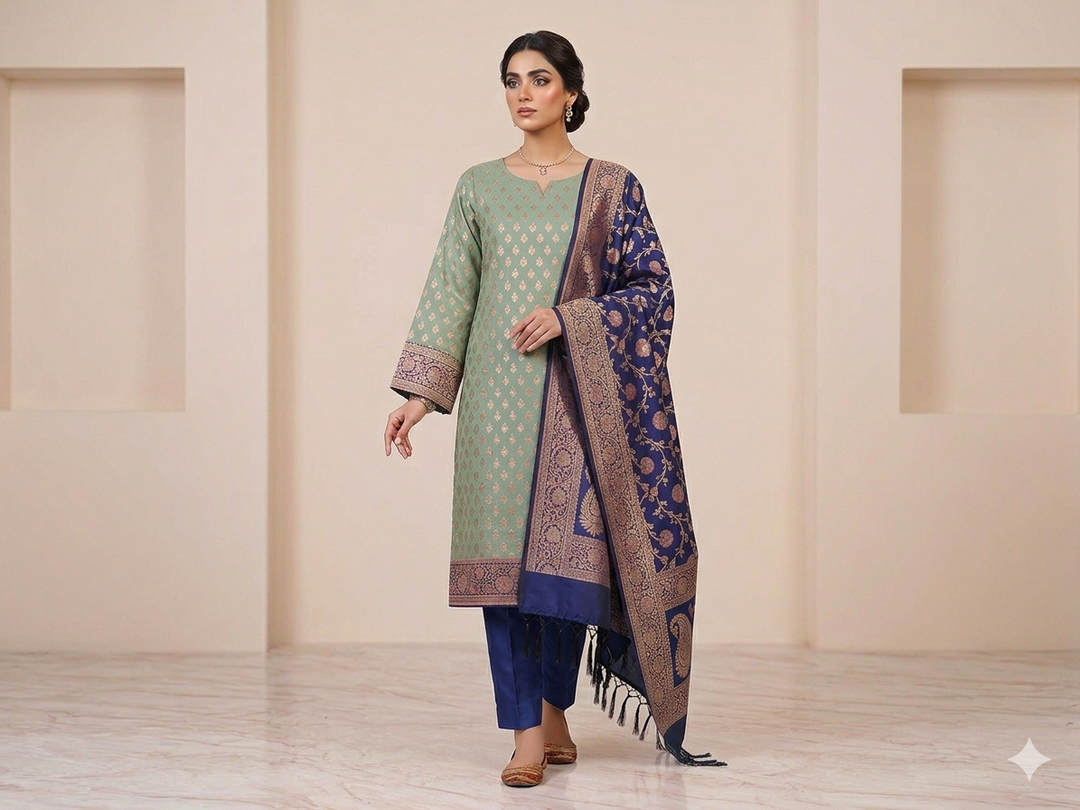 BANARASI SILK IN SKY BLUE WITH INDIGO DUPATTA AND BOTTOM WEAR