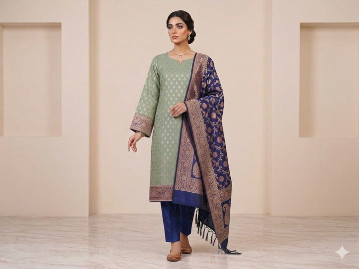 BANARASI SILK IN SKY BLUE WITH INDIGO DUPATTA AND BOTTOM WEAR