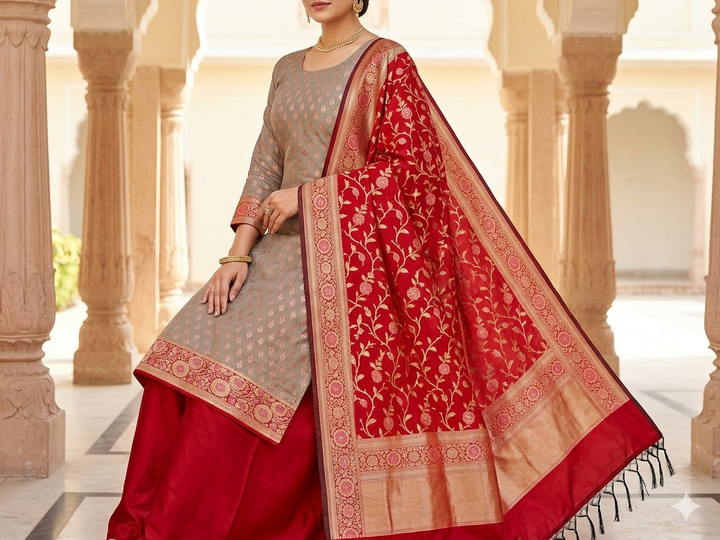 BANARASI SILK IN CREAM WITH RED DUPATTA AND BOTTOM WEAR