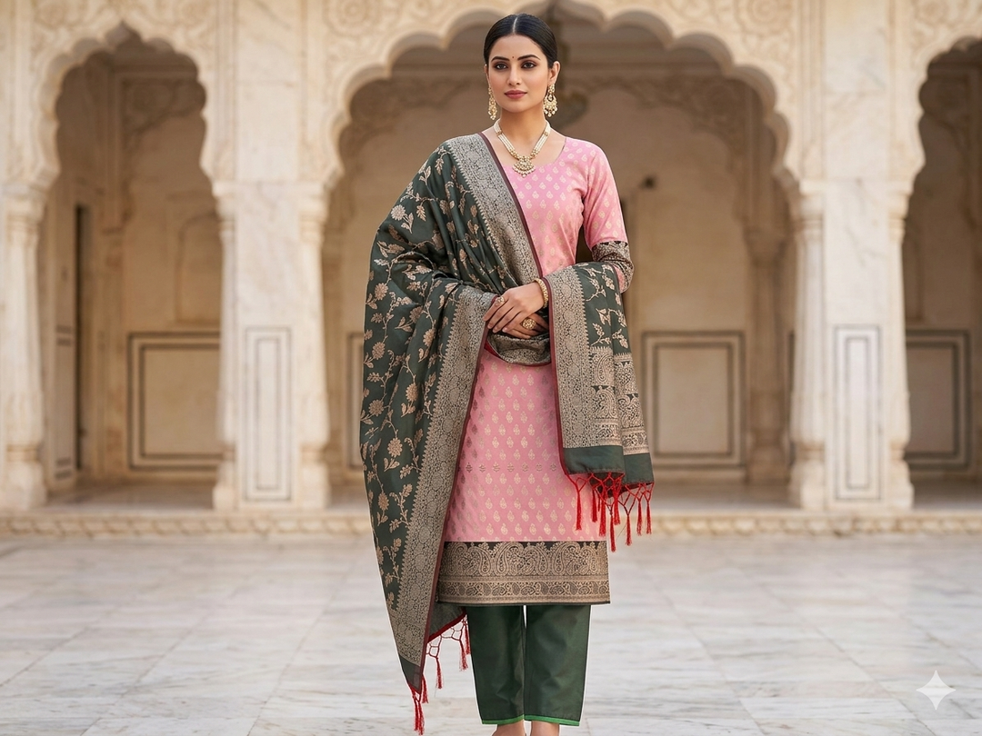 BANARASI SILK IN PINK WITH BOTTLE GREEN DUPATTA AND BOTTOM WEAR