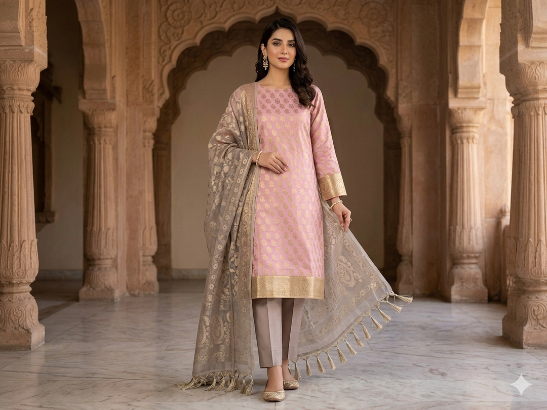 BANARASI SILK IN PINK WITH TASAR DUPATTA AND BOTTOM WEAR