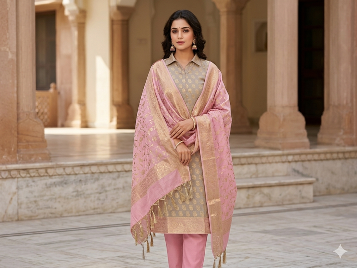 BANARASI SILK IN TASAR WITH PINK DUPATTA AND BOTTOM WEAR