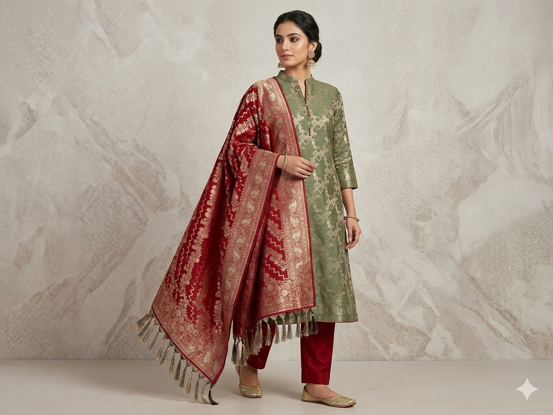 BANARASI SILK ALFI JAAL IN BASIL GREEN WITH RED DUPATTA AND BOTTOM WEAR