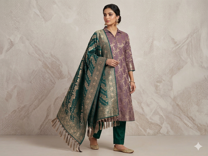 BANARASI SILK ALFI IN LAVENDER WITH FOREST GREEN DUPATTA AND BOTTOM WEAR