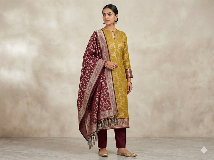 BANARASI SILK ALFI IN MUSTARD WITH MAROON DUPATTA AND BOTTOM WEAR
