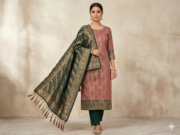 BANARASI SILK IN ONION COLOUR WITH DARK GREEN DUPATTA AND BOTTOM WEAR