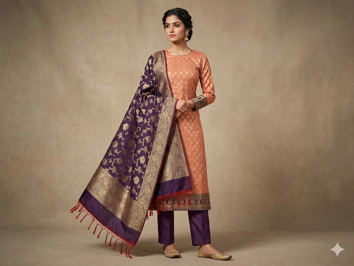 BANARASI SILK IN PEACHY ORANGE WITH VIOLET DUPATTA AND BOTTOM WEAR