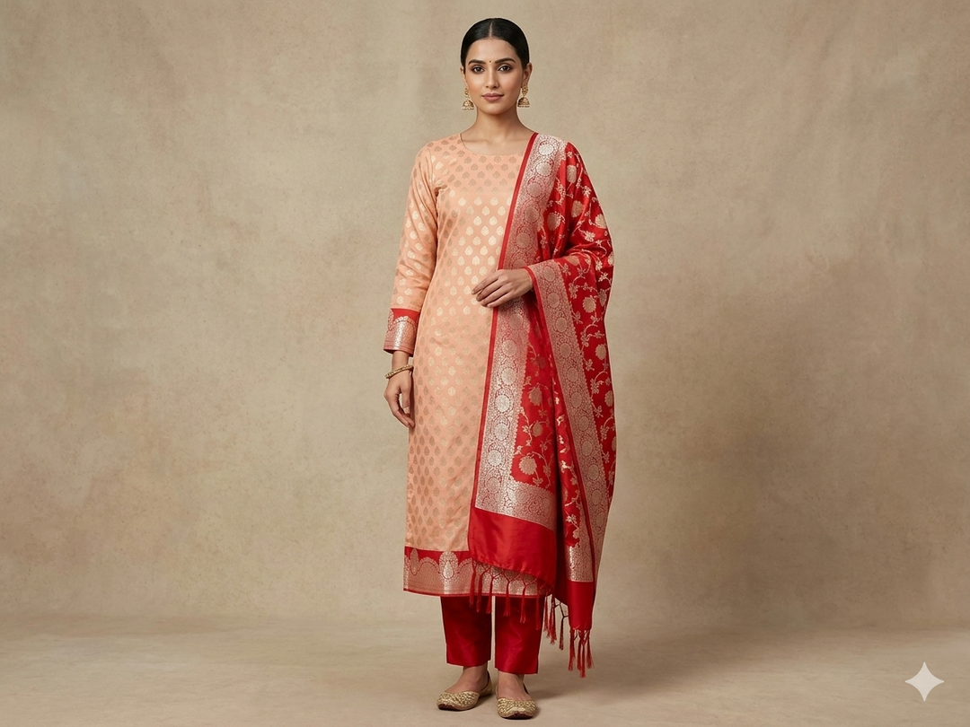 BANARASI SILK IN PEACH WITH RED DUPATTA AND BOTTOM WEAR
