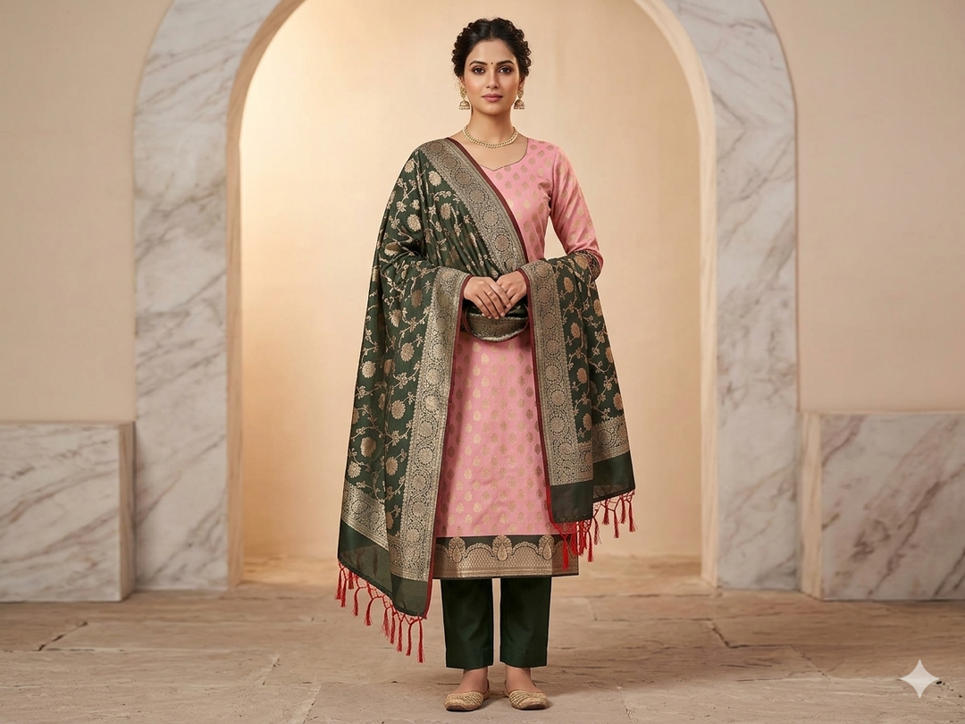 BANARASI SILK IN BABY PINK WITH BOTTLE GREEN DUPATTA AND BOTTOM WEAR