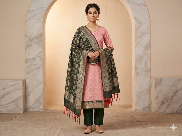 BANARASI SILK IN BABY PINK WITH BOTTLE GREEN DUPATTA AND BOTTOM WEAR