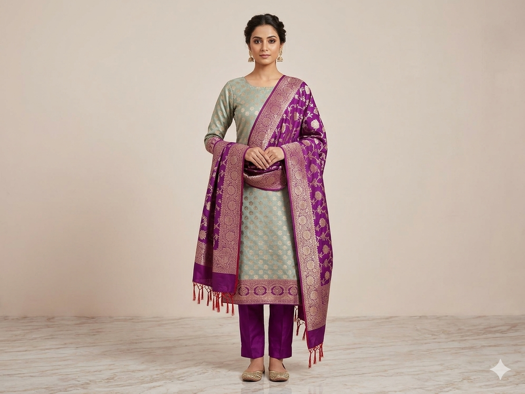BANARASI SILK IN PISTA GREEN WITH MAGENTA DUPATTA AND BOTTOM WEAR