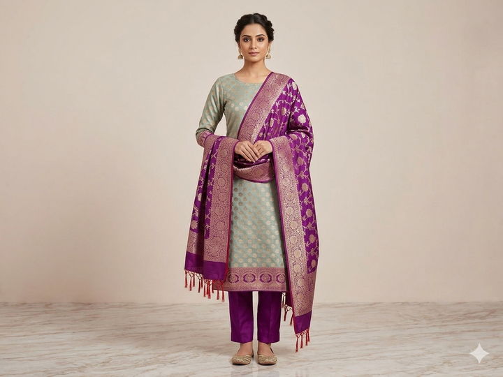 BANARASI SILK IN PISTA GREEN WITH MAGENTA DUPATTA AND BOTTOM WEAR