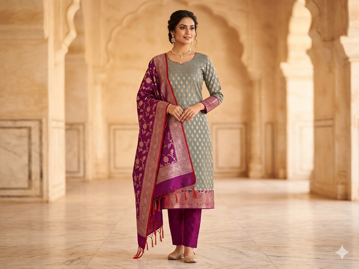 BANARASI SILK IN PISTA GREEN WITH MAGENTA DUPATTA AND BOTTOM WEAR