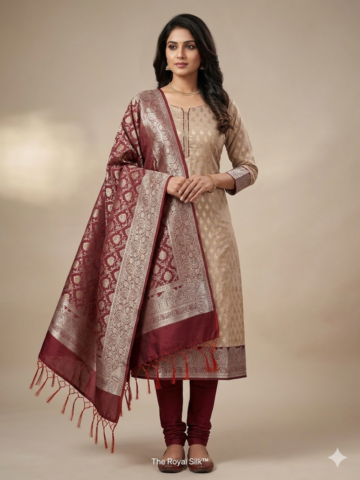 BANARASI SILK IN TASAR WITH MAROON DUPATTA AND BOTTOM WEAR