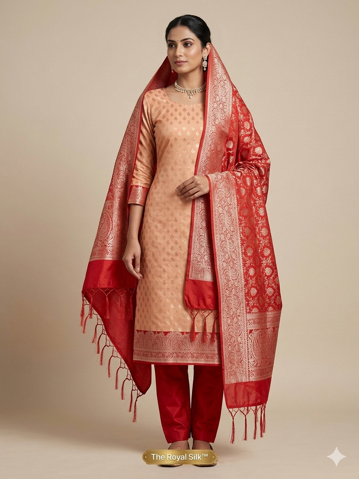 BANARASI SILK IN PEACH WITH RED DUPATTA AND BOTTOM WEAR