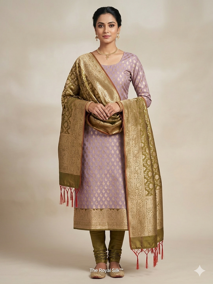 BANARASI SILK IN LAVENDER WITH MEHENDI GREEN DUPATTA AND BOTTOM WEAR