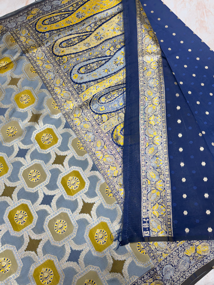 GREY WITH MINAKARI MUTICOLOUR DETALING RANGKAAT SAREE IN SEMI SOFT SILK