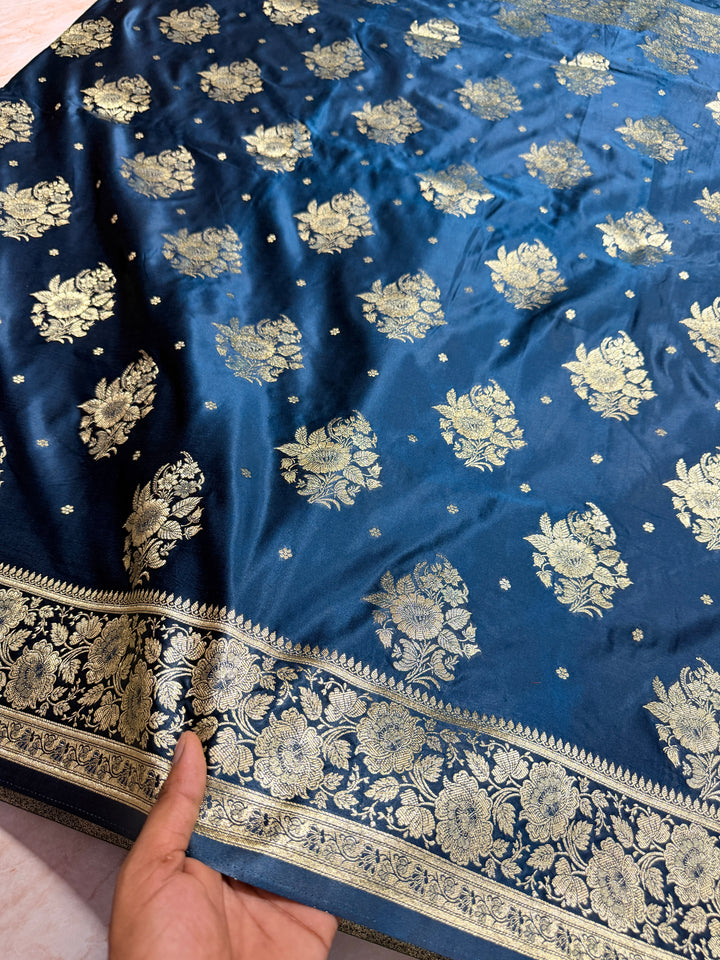 MASHRU KATAN IN DEEP GERMAN BLUE SHADE WITH FLORAL BORDER