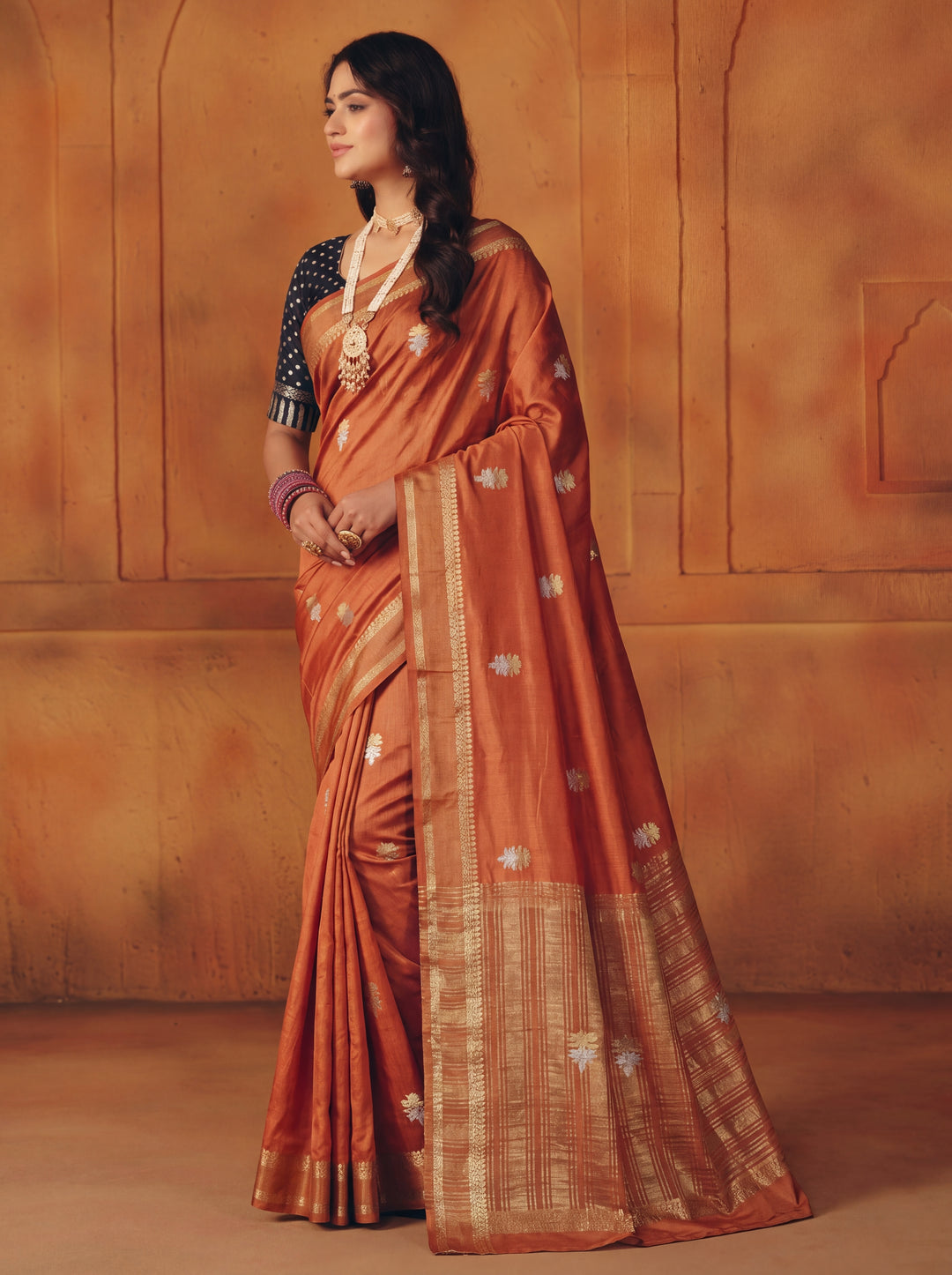 VISCOS IN GOLDEN EMBER IN GOLD SILVER ZARI WORK