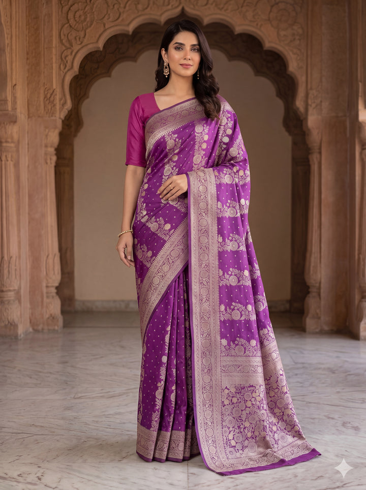 KHADDI GEROGETTE IN LAVENDER COLOUR WITH MULTI COLOUR ZARI WORK