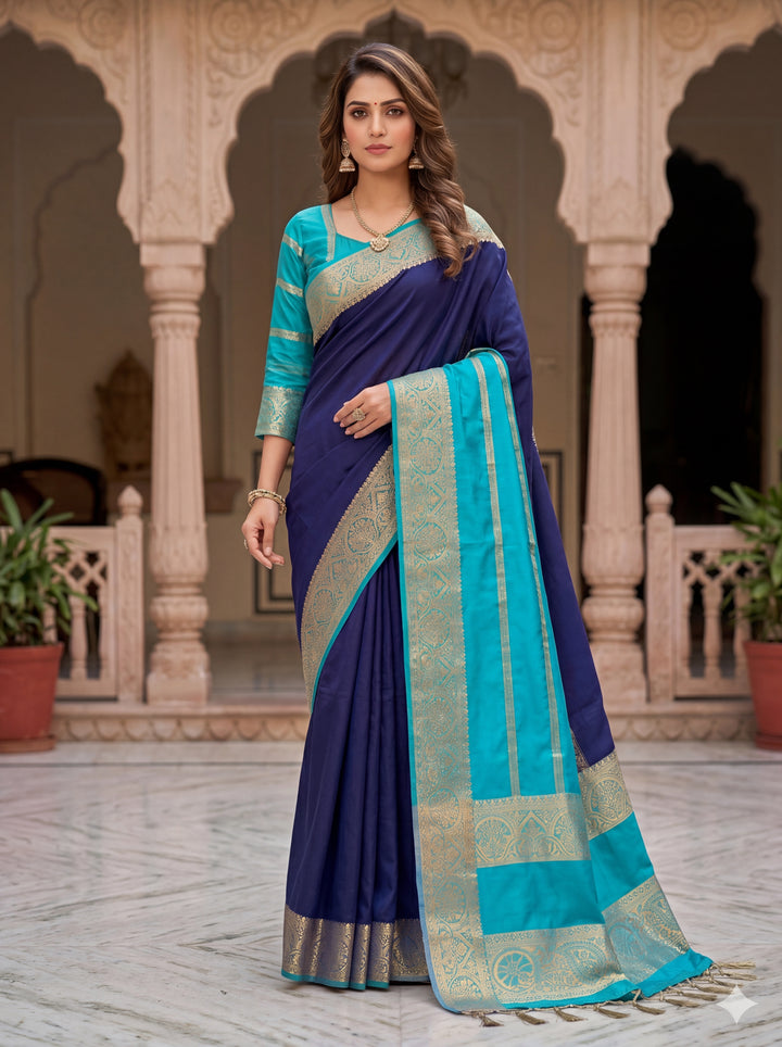MYSORE CREPE IN NAVY BLUE WITH SEA GREEN COLOUR