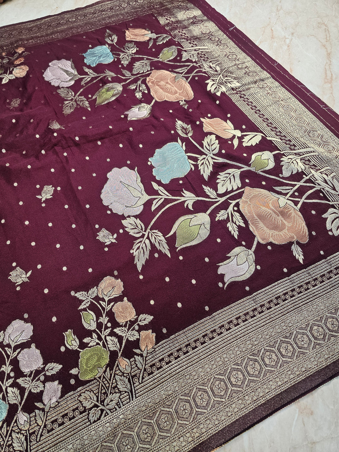KHADDI GEORGETTE IN VINE COLOUR WITH PANCHRANG BOOTA