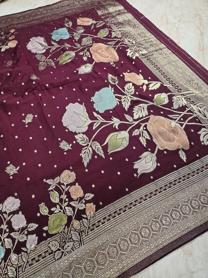 KHADDI GEORGETTE IN VINE COLOUR WITH PANCHRANG BOOTA
