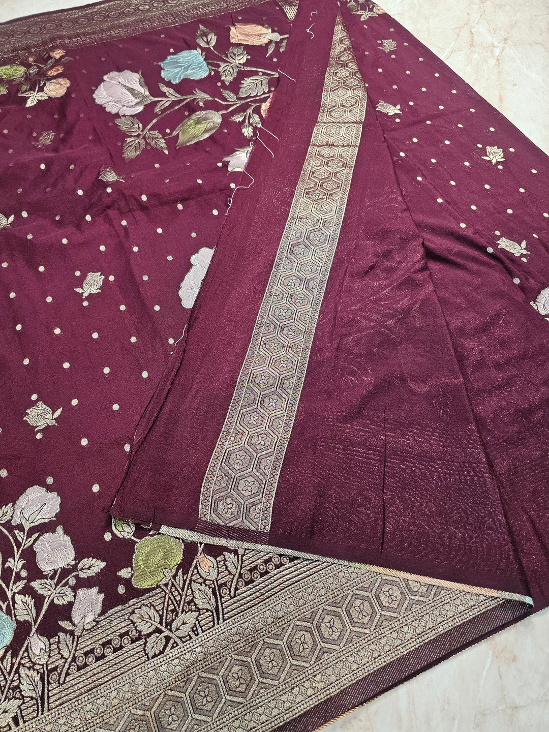 KHADDI GEORGETTE IN VINE COLOUR WITH PANCHRANG BOOTA