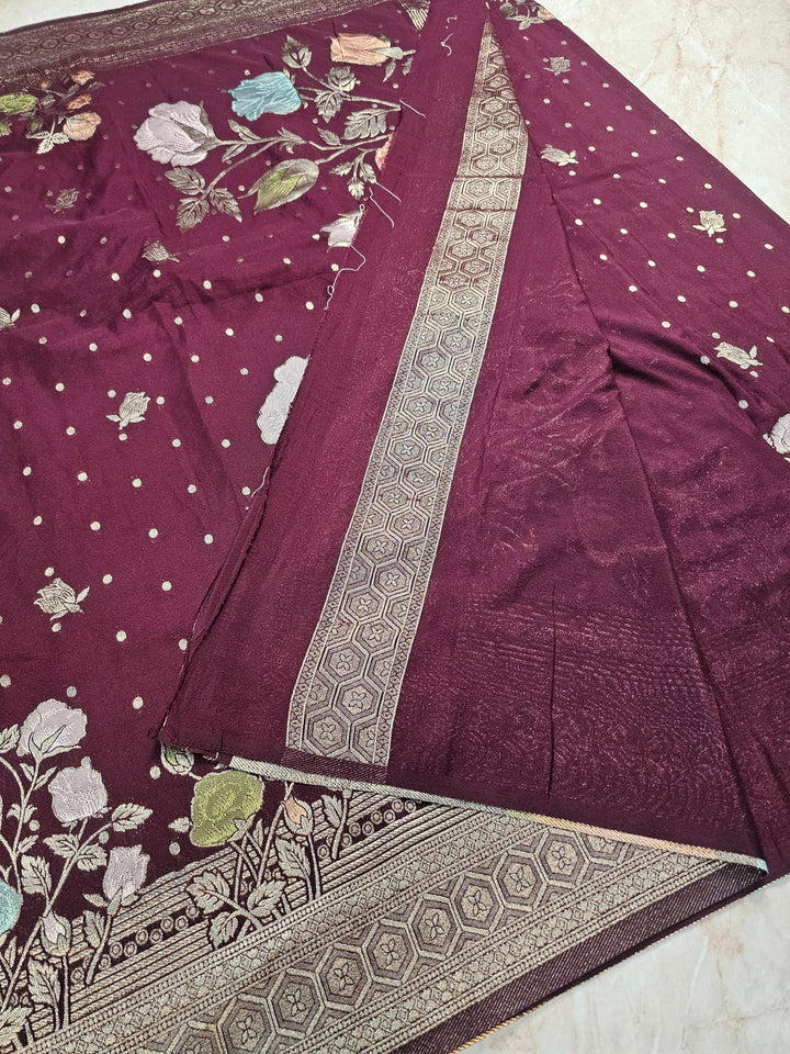 KHADDI GEORGETTE IN VINE COLOUR WITH PANCHRANG BOOTA