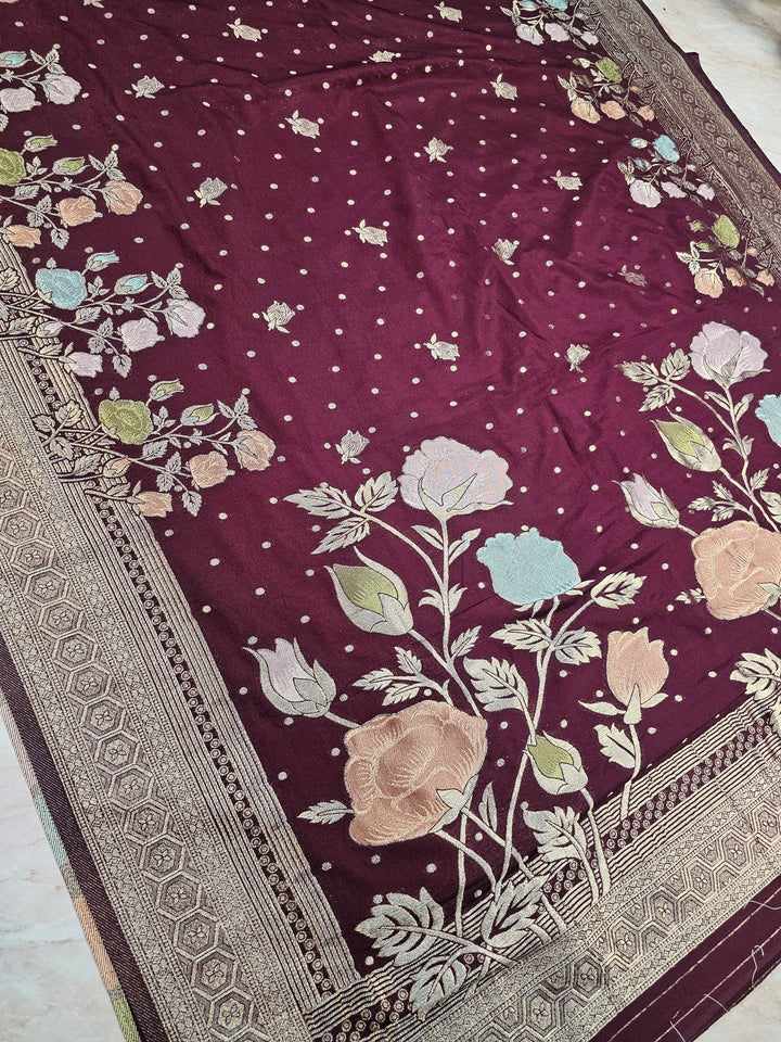 KHADDI GEORGETTE IN VINE COLOUR WITH PANCHRANG BOOTA