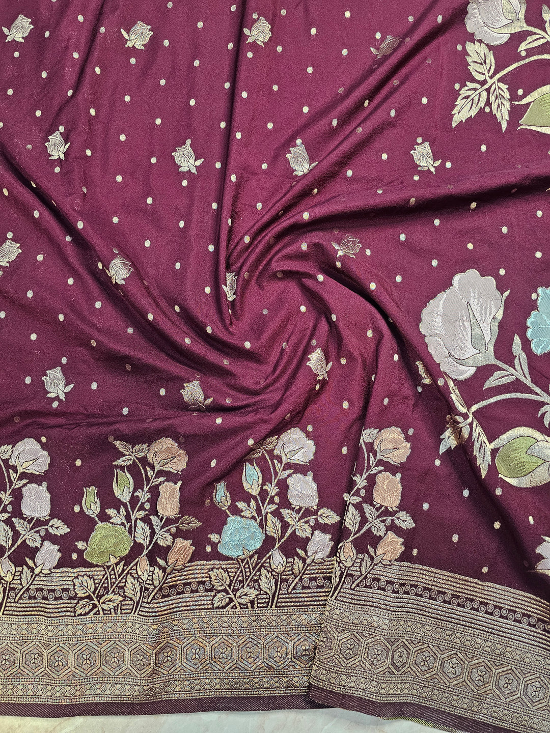 KHADDI GEORGETTE IN VINE COLOUR WITH PANCHRANG BOOTA