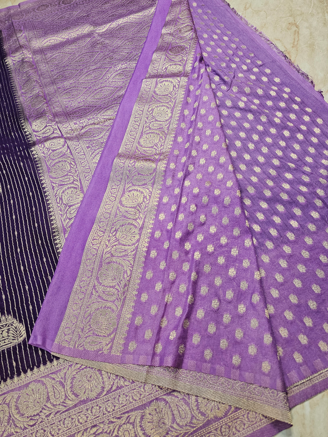KHADDI GEORGETTE IN DEEP PURPLE WITH LAVENDER BORDER