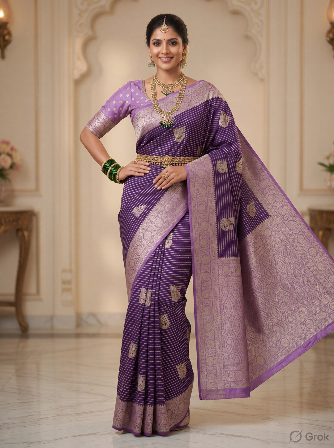 KHADDI GEORGETTE IN DEEP PURPLE WITH LAVENDER BORDER