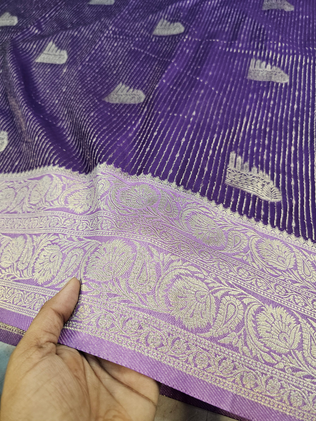 KHADDI GEORGETTE IN DEEP PURPLE WITH LAVENDER BORDER
