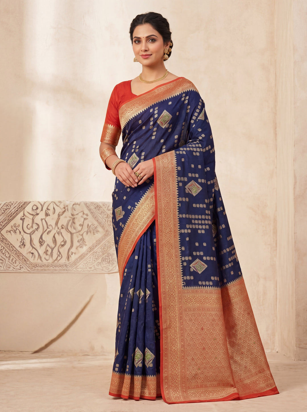 NAVY BLUE KHADDI GEORGETTE WITH RED BORDER