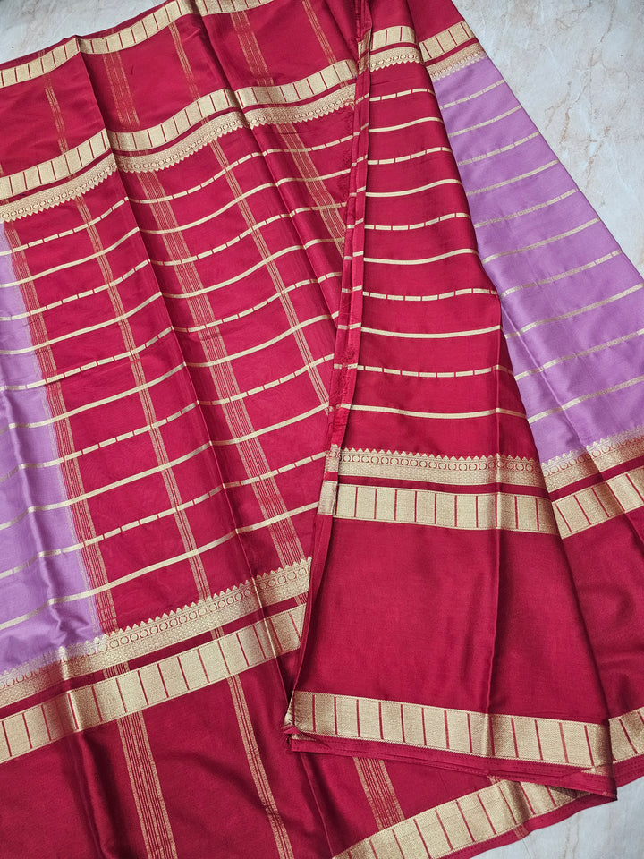 MYSORE CREPE IN LAVENDER WITH RED BORDER